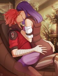 Rule 34 | 2girls, arcane caitlyn, arcane vi, bandaged arm, bandages, brown footwear, brown gloves, brown pants, caitlyn (league of legends), fingerless gloves, from side, gloves, highres, jacket, kiss, league of legends, long hair, multiple girls, pants, pink pants, plant, potted plant, profile, purple hair, red hair, red jacket, short hair, short sleeves, striped clothes, striped pants, vi (league of legends), yellow nicky, yuri