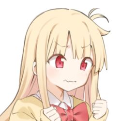 1girl bad_link blonde_hair bow bowtie collared_shirt little_witch_nobeta long_hair long_sleeves lowres nobeta nobeta_(knitted_uniform_skin) official_art portrait red_bow red_bowtie red_eyes school_uniform shirt sidelocks simple_background sleeves_past_wrists solo transparent_background upper_body wavy_mouth