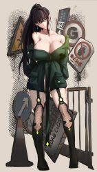 Rule 34 | 1girl, absurdres, bare shoulders, black-framed eyewear, black boots, black hair, boots, breasts, coat, commentary, convenient censoring, earrings, eve (stellar blade), garter straps, glasses, green coat, head tilt, highres, huge breasts, jewelry, long hair, looking at viewer, naked coat, off shoulder, ponytail, road sign, sign, simple background, sky ace (stellar blade), solo, stellar blade, thigh boots, traffic cone, very long hair, warning sign, zhong er bingde er