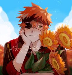 1boy birthday black_order_uniform blue_sky brown_headband brown_jacket chain cloud collared_jacket d.gray-man eyepatch field flower flower_field gold_chain green_eyes hair_between_eyes hand_on_own_chin happy_birthday headband highres holding holding_flower jacket lavi light_smile looking_at_viewer male_focus military military_uniform neallen02 one_eye_covered orange_hair red_scarf scarf short_hair sidelocks sky solo striped_clothes striped_headband striped_jacket sunflower sunflower_field