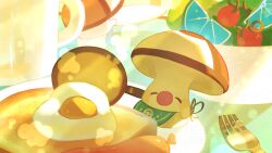apron bowl bread bread_slice closed_eyes cup food foongus fork fried_egg frying_pan gen_5_pokemon green_apron happy mixed-language_commentary mug nintendo no_humans plate pokemon pokemon_(creature) pokemon_focus sausage sliced_fruit toast uroko_(rwde4544) waist_apron