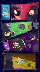 &gt;_&lt; 1girl :o absurdres afuron ahoge ball black_hair blush breasts buneary commentary_request creatures_(company) curly_hair dress fence food fruit game_freak gastly gen_1_pokemon gen_2_pokemon gen_4_pokemon gen_6_pokemon gen_8_pokemon greavard hairband haunter hex_maniac_(pokemon) highres long_hair medium_breasts misdreavus motion_blur motion_lines nintendo open_mouth pokemon pokemon_(creature) pokemon_xy pumpkaboo purple_hairband sinistea strawberry throwing watermelon x_x