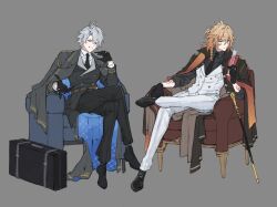 2boys absurdres alternate_costume antenna_hair arm_tattoo black_coat black_gloves black_necktie black_pants black_shirt blonde_hair blue_eyes braid coat coat_on_shoulders collared_shirt commentary crossed_legs cup facial_tattoo figure_four_sitting formal_clothes gloves gradient_hair grey_background hair_between_eyes highres holding holding_cup honkai:_star_rail honkai_(series) lapels male_focus medium_hair multicolored_hair multiple_boys mydei_(honkai:_star_rail) necktie pants papajay_(jennygin2) parted_bangs phainon_(honkai:_star_rail) red_hair red_tattoo shirt shoes short_hair side_braid simple_background sitting suitcase symbol-only_commentary tattoo vest white_hair white_pants white_shirt white_shoes white_vest yellow_eyes