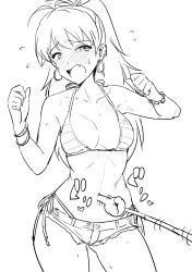Rule 34 | 1girl, bikini, blush, breasts, cowboy shot, earrings, embarrassed, fang, ganaha hibiki, greyscale, half-closed eyes, hands up, highres, hoop earrings, idolmaster, idolmaster (classic), jewelry, monochrome, navel, navel poke, open mouth, poking, ponytail, simple background, solo, standing, swimsuit, tsurui, white background