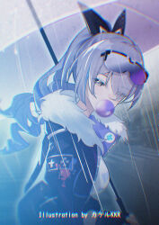 1girl badge black_gloves black_jacket black_ribbon blowing_bubble_gum breasts button_badge chinese_commentary chromatic_aberration commentary_request drill_hair drill_ponytail eyes_visible_through_hair fingerless_gloves fur-trimmed_jacket fur_trim gloves grey_eyes grey_hair hair_over_one_eye hair_ribbon heavy_chromatic_aberration highres holding holding_umbrella honkai:_star_rail honkai_(series) jacket long_hair looking_at_viewer medium_breasts open_clothes open_jacket outdoors rain ribbon shirt silver_wolf_(honkai:_star_rail) solo srpzk umbrella upper_body white_shirt white_umbrella
