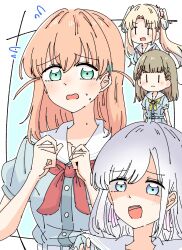 Rule 34 | 4girls, :d, blonde hair, blue dress, blue eyes, blue hair, braid, ceras yanagida lilienfeld, closed mouth, collarbone, commentary request, curtained hair, dress, flying sweatdrops, gradient hair, green eyes, grey hair, hair ribbon, hasu no sora school uniform, highres, kachimachi kosuzu, link! like! love live!, long hair, looking at another, love live!, momiji (moj 0404), multicolored hair, multiple girls, neckerchief, nervous sweating, no dickey, open mouth, orange hair, osawa rurino, peanut mouth, pink ribbon, puffy short sleeves, puffy sleeves, raised inner eyebrows, red neckerchief, ribbon, sailor collar, sailor dress, scared, school uniform, shaded face, short sleeves, side braids, smile, split mouth, summer uniform, sweat, teeth, twintails, upper teeth only, virtual youtuber, white sailor collar, | |