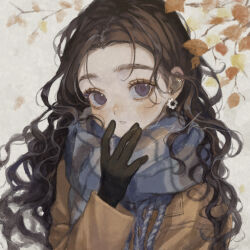 1girl black_gloves blue_scarf brown_coat brown_hair coat curly_hair gloves hand_up highres light_blush long_hair looking_at_viewer original parted_lips sayoko_(sayosny2) scarf solo teeth upper_body