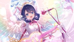 Rule 34 | 1girl, :d, animal ear fluff, animal ears, blue eyes, blue hair, blue sky, blush, bow, breasts, cat ears, center frills, cloud, cloudy sky, commentary request, cyan (show by rock!!), day, drill hair, electric guitar, fang, feathered wings, feathers, frilled shirt, frills, guitar, hair between eyes, heart, highres, holding, holding instrument, instrument, looking at viewer, medium breasts, microphone, microphone stand, momoshiki tsubaki, open mouth, outdoors, outstretched arm, pink bow, puffy short sleeves, puffy sleeves, shirt, short sleeves, show by rock!!, skirt, sky, smile, solo, strawberry heart (show by rock!!), tiara, white feathers, white shirt, white skirt, wings