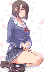 1girl absurdres black_socks blue_shirt blue_skirt bob_cut breasts brown_eyes brown_hair cherry_blossoms closed_mouth collarbone commentary commission english_commentary falling_petals highres katou_megumi long_sleeves looking_at_viewer makudesu medium_breasts petals pleated_skirt saenai_heroine_no_sodatekata sailor_collar seiza shirt shoes short_hair simple_background sitting skirt smile socks solo thighs unworn_shoes white_background white_sailor_collar