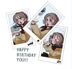 Rule 34 | birthday, birthday cake, blue eyes, brown hair, brown shirt, cake, cake slice, curly hair, dress, eating, food, grey hair, happy, happy birthday, japanese clothes, long sleeves, love live!, love live! sunshine!!, multiple girls, sailor collar, sailor dress, school uniform, shirt, short hair, smile, uranohoshi school uniform, watanabe you