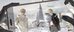 5boys absurdres axis_powers_hetalia bird blonde_hair blue_eyes cellphone cloud cross_hair_ornament denmark_(hetalia) down_jacket english_text finland_(hetalia) fur-trimmed_jacket fur_trim glasses gloves grey_sky hair_ornament hand_in_pocket hands_in_pockets highres iceland iceland_(hetalia) icelandic_flag jacket looking_at_viewer male_focus multiple_boys musan312 norway_(hetalia) norwegian_flag open_mouth outdoors pants phone puffin purple_eyes scarf short_hair sky smartphone snow sweden_(hetalia) taking_picture tripping viewfinder winter winter_clothes