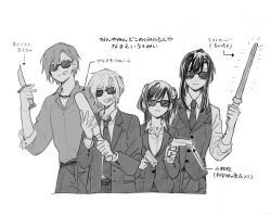 1girl 3boys allen_walker asymmetrical_hair baseball_bat belt black_hair black_suit blazer bow closed_mouth collared_shirt collared_vest d.gray-man earrings energy_sword evil_grin evil_smile facial_mark formal_clothes gloves greyscale grin gun hair_between_eyes hair_bow hair_ribbon high_ponytail highres holding holding_baseball_bat holding_gun holding_knife holding_sword holding_weapon hoop_earrings jacket jewelry kanda_yuu knife lavi lenalee_lee lightsaber long_hair looking_at_object looking_at_viewer monochrome multiple_boys necklace necktie pants ponytail ribbon richiumu scar scar_on_face shirt short_hair sidelocks simple_background single_sidelock smile stud_earrings suit sunglasses sword tongue tongue_out two_side_up vest weapon white_background white_hair white_shirt