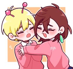 Rule 34 | 2girls, alien, antennae, ayase momo, vamola (dandadan), black choker, blonde hair, blue skirt, blush, border, brown hair, choker, closed eyes, collared shirt, commentary, dandadan, dress shirt, earrings, floating earrings, flying sweatdrops, hair behind ear, hair between eyes, highres, imminent hug, jewelry, long sleeves, medium hair, miniskirt, multiple girls, nukotamag0, open mouth, outside border, outstretched arms, pink sweater, school uniform, shirt, short hair, signature, skirt, sleeves past wrists, sweater, thick eyebrows, upper body, white border, white shirt