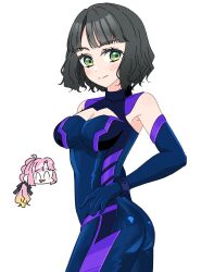 2girls :d ^_^ ahoge anyoji_hime ass black_hair black_ribbon blonde_hair blue_bodysuit blunt_sidelocks blush bob_cut bodysuit breasts chibi chibi_inset cleavage cleavage_cutout closed_eyes closed_mouth clothing_cutout commentary design_speculation drooling gradient_hair green_eyes hair_ribbon highres light_frown link!_like!_love_live! llkapital looking_at_viewer love_live! medium_breasts momose_ginko mouth_drool multi-tied_hair multicolored_hair multiple_girls open_mouth pink_hair ponytail ribbon short_hair sidelocks simple_background sleeveless sleeveless_bodysuit smile solo_focus virtual_youtuber wavy_hair white_background