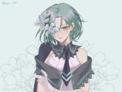 Rule 34 | 1girl, arcaea, black cape, black necktie, cape, closed mouth, commentary request, contrast collar, curtained hair, floral background, flower, flower over eye, gloves, green background, green hair, hair flower, hair ornament, highres, looking at viewer, necktie, one eye covered, saya (arcaea), shirt, short hair, side cape, single bare shoulder, sleeveless, sleeveless shirt, solo, upper body, user axwx7828, white flower, white gloves, white shirt