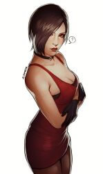 Rule 34 | 1girl, ?, ada wong, arms under breasts, artist name, bare shoulders, black choker, black gloves, black hair, breasts, brown pantyhose, choker, cleavage, closed mouth, collarbone, commentary, cowboy shot, crossed arms, dress, english commentary, gloves, hair over one eye, large breasts, lips, looking at viewer, pantyhose, red dress, red lips, resident evil, resident evil 2, resident evil 2 (remake), short dress, short hair, simple background, sleeveless, sleeveless dress, solo, spoken question mark, white background, zombiyh