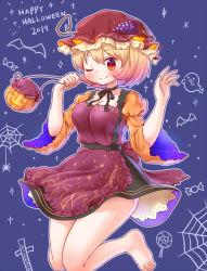 1girl 2019 aki_minoriko arinu artist_name barefoot bat_(animal) black_choker blonde_hair blue_background blush breasts bug candy choker cleavage collarbone dress embellished_costume female_focus food food-themed_hair_ornament fruit ghost grape_hair_ornament grape_vine grapes hair_ornament halloween hand_up happy_halloween highres jack-o&#039;-lantern legs_up lollipop one_eye_closed outline petticoat red_eyes ribbon_choker short_hair silk solo spider spider_web touhou white_outline
