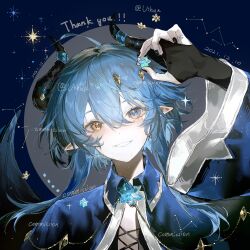 1boy ahoge arm_up black_gloves black_horns black_jacket black_nails blue_eyes blue_hair chinese_commentary collared_jacket commentary_request commission constellation cross-laced_clothes dated english_text fingerless_gloves gloves heterochromia highres horns jacket long_sleeves male_focus open_clothes open_jacket original pointy_ears portrait shirt short_hair_with_long_locks smile solo thank_you vihua6 watermark white_shirt white_trim wide_sleeves yellow_eyes