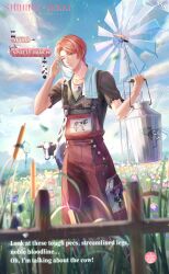 1boy animal_print artist_request bag bare_arms belt belt_buckle black_belt black_shirt blue_flower blue_sky brown_eyes buckle buttons card_(medium) character_name chest_belt cloud collared_shirt commentary copyright_name cow cow_print day english_commentary english_text farmer fence field flower flower_field forest frilled_sleeves frills full_body grey_tank_top happy highres holding holding_jar jar jewelry leaf light_particles logo looking_at_viewer male_focus milk nature necklace nikki_(series) official_art one_eye_closed orange_hair outdoors overalls parted_bangs parted_lips pink_flower red_flower red_overalls second-party_source shining_nikki shirt short_hair short_sleeves sky smile solo spotty_ranch_(shining_nikki) tank_top tote_bag towel towel_around_neck v-neck white_bag windmill yeeso_(shining_nikki)