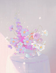 artist_name blue_flower bouquet flower highres huhv. light_particles no_humans original petals pink_flower plant purple_flower shadow still_life sunlight vase white_flower