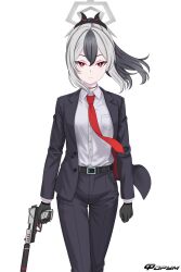 1girl absurdres agent_47 agent_47_(cosplay) belt black_belt black_choker black_gloves black_hair black_horns black_jacket black_pants black_suit blue_archive choker closed_mouth collared_shirt commentary_request cosplay demon_horns expressionless f0rum7v finger_on_trigger formal_clothes gloves grey_hair gun h&amp;k_p30 hair_between_eyes halo handgun highres hitman_(game) holding holding_gun holding_weapon horns jacket kayoko_(blue_archive) long_sleeves looking_at_viewer necktie open_clothes open_jacket pants ponytail red_eyes red_necktie russian_commentary shirt sidelocks simple_background solo suit suppressor v-shaped_eyebrows walking weapon white_background white_shirt