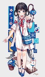 Rule 34 | 1girl, absurdres, animal, aqua eyes, artist name, bag, black hair, blue bag, blue flower, blue nails, blue shoes, blush, blush stickers, bracelet, braid, braided hair rings, cat, closed mouth, commentary, dot nose, dress, earrings, english commentary, floral print, floral print dress, flower, hair rings, hand up, happy, high heels, highres, jewelry, lamppost, light smile, long hair, looking at viewer, medium dress, multicolored eyes, nail polish, napo (napo illust), neck ribbon, original, plant, potted plant, print dress, red nails, red ribbon, ribbon, shoes, shoulder bag, signature, simple background, solo, three-quarter sleeves, tiles, twintails, very long hair, white background, white cat, white dress, wristband