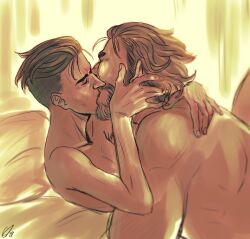 Rule 34 | 2boys, arcane: league of legends, bara, beard, biceps, closed eyes, collarbone, commentary, english commentary, facial hair, fatejuj, french kiss, hand on another&#039;s face, hug, kiss, league of legends, lying, male focus, multiple boys, muscular, muscular male, on bed, open mouth, signature, silco (arcane), skinny, swept bangs, topless male, vander (arcane), yaoi