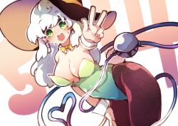 1girl :d black_hat blush bow bowtie breasts collar detached_collar fishnet_pantyhose fishnets green_eyes green_leotard hand_on_own_thigh hat hat_ribbon heart heart_of_string highres koishi_day komeiji_koishi large_breasts leaning_forward leotard long_hair nose_blush number_background open_mouth pantyhose ribbon sayakata_katsumi smile strapless strapless_leotard sweat third_eye touhou w white_collar white_hair wrist_cuffs yellow_bow yellow_bowtie yellow_ribbon