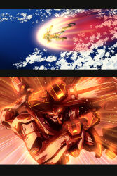 absurdres cloud cloudy_sky commentary_request earth_(planet) fujitaka_nasu glowing gquuuuuux green_eyes gundam gundam_gquuuuuux highres in_orbit mecha mecha_focus mobile_suit no_humans planet robot science_fiction sky space thrusters v-fin