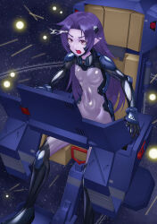 Rule 34 | 1girl, battle, black bodysuit, blue bodysuit, bodysuit, brown eyes, cockpit, colored skin, commentary request, covered navel, flat chest, fortified suit, headgear, highres, kurione (zassou), long hair, mecha pilot suit, multicolored bodysuit, newtype flash, open mouth, original, pilot suit, pointy ears, purple bodysuit, purple hair, purple skin, science fiction, shiny clothes, sitting, skin tight, solo