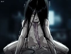 1boy 1girl abs ahegao black_hair colored_skin cowgirl_position cum cum_in_pussy ghost grey_eyes grey_skin happy_sex loli long_hair long_tongue muscular muscular_arms muscular_child muscular_female navel nipples one_eye_covered ponpu_(pumpkinsinclair) saliva straddling the_ring tongue tongue_out yamamura_sadako