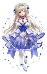 1girl :d absurdres bare_shoulders blonde_hair blue_eyes blue_petals blue_skirt breasts choker collarbone commentary_request dress elbow_gloves frilled_choker frilled_thigh_strap frills full_body gloves hair_intakes highres huwarinn99 large_breasts long_hair looking_at_viewer off-shoulder_dress off_shoulder open_mouth original print_skirt ribbon-trimmed_dress ribbon-trimmed_sleeves ribbon_trim shoes short_sleeves side_slit skirt skirt_hold skirt_under_dress smile solo standing standing_on_one_leg thigh_strap thighhighs very_long_hair white_background white_dress white_gloves white_shoes white_thighhighs