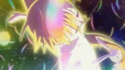 1girl animated animated_gif blonde_hair breasts closed_eyes completely_nude energy feathers floating_hair glowing henshin loli long_hair lyrical_nanoha mahou_shoujo_lyrical_nanoha_vivid navel nude official_art outstretched_arms rabbit ribbon small_breasts solo stuffed_toy transformation vivio white_ribbon