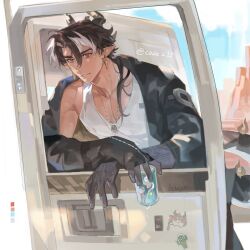 1boy arknights bara black_coat brown_hair chongyue_(arknights) coat code2_ip commentary dog_tags dragon_boy dragon_horns dragon_tail drink english_commentary hair_over_shoulder highres horns long_hair looking_at_viewer low_ponytail male_focus motor_vehicle outdoors pointy_ears ponytail red_eyes solo sweat tail tank_top toned toned_male van white_tank_top