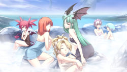 Rule 34 | 6+girls, ar tonelico, ar tonelico i, atelier (series), atelier marie, bat wings, breasts, capcom, cross edge, crossed legs, crossover, disgaea, etna (disgaea), closed eyes, female focus, gust, hirano katsuyuki, mana khemia (series), mana khemia 2, marlone, meu, meu (spectral souls), morrigan aensland, multiple crossover, multiple girls, naked towel, nippon ichi, official art, one eye closed, onsen, shurelia (ar tonelico), sitting, spectral (series), spectral souls, sulking, tail, towel, darkstalkers, wings, wink, wuim (mana khemia)