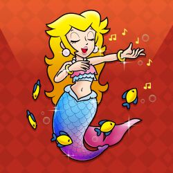 1girl absurdres argyle_background bikini bikini_top_only blonde_hair blue_bikini blue_scales blue_tail bracelet closed_eyes doc_shoddy earrings fins fish fish_tail gold_bracelet gradient_background gradient_tail highres jewelry layered_bikini long_hair mario_(series) mermaid mermaid_peach monster_girl multicolored_bikini musical_note nakaue_shigehisa_(style) navel necklace nintendo official_alternate_costume open_mouth orange_background pearl_earrings pearl_necklace pink_bikini pink_lips pink_scales pink_tail princess_peach princess_peach:_showtime! red_background solo sphere_earrings strapless strapless_bikini swimsuit tail two-tone_bikini