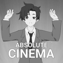 Rule 34 | 1boy, absolute cinema (meme), blazer, blue archive, blue archive the animation, collared shirt, commentary, dot nose, english commentary, english text, formal clothes, grey background, greyscale, hands up, jacket, long sleeves, looking at viewer, male focus, meme, monochrome, necktie, parted lips, sensei (blue archive), sensei (blue archive the animation), shirt, short hair, solo, standing, suit, upper body, za dorawa