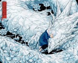 1boy black_background black_pants blue_coat blue_hair blurry boku_no_hero_academia boots closed_eyes coat colored_eyelashes dragon eastern_dragon eyelashes flower fur-trimmed_hood fur_trim geten_(boku_no_hero_academia) head_rest highres hood hooded_coat ice ice_dragon ice_flower ice_horns kyuu_wan leaning light_blue_hair long_hair long_sleeves lotus male_focus pants parka profile snowing solo white_boots winter_clothes