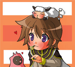 1boy alchemist_(ragnarok_online) amistr_(ragnarok_online) brown_cape brown_coat brown_hair cape closed_mouth coat commentary_request flower flower_in_mouth heart long_sleeves looking_at_viewer lowres male_focus monou0135 orange_background purple_eyes ragnarok_online sheep short_hair slime_(creature) smile solo upper_body vanilmirth_(ragnarok_online) yellow_flower