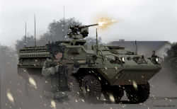 1girl aiming armored_fighting_vehicle armored_personnel_carrier armored_vehicle artist_name black_hair dead-robot firing gun military military_vehicle mixed-language_commentary motor_vehicle original outdoors ponytail scenery soldier solo stryker_(afv) tree turret watermark weapon