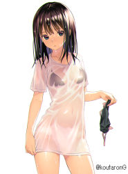 1girl artist_name bikini bikini_top_only bikini_under_clothes black_bikini black_hair blouse blue_eyes breasts closed_mouth collarbone commentary_request covered_navel cowboy_shot female_focus holding holding_swimsuit holding_unworn_clothes koutaro long_hair looking_at_viewer medium_breasts navel original see-through_clothes shirt short_sleeves simple_background solo swimsuit twitter_username unworn_bikini unworn_bikini_bottom unworn_swimsuit upper_body wet wet_clothes wet_hair wet_shirt white_background white_shirt