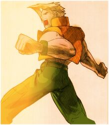 Rule 34 | 1boy, angry, bengus, blonde hair, brown eyes, capcom, charlie nash, clenched hands, facing to the side, fighting stance, game cg, glasses, highres, jacket, male focus, marvel, marvel vs. capcom, marvel vs. capcom 2, muscular, muscular male, non-web source, official art, scan, sidelighting, simple background, sleeveless, solo, street fighter, vest