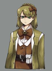 1girl belt black_belt blonde_hair bow braid brown_bow brown_dress brown_hairband buttons coat crown_braid dress glaring hair_bow hairband highres lapels library_of_ruina looking_at_viewer medium_hair notched_lapels project_moon solo tiphereth_a_(project_moon) upper_body yatsumeunagi yellow_coat