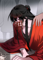2boys absurdres bags_under_eyes bandaged_arm bandages black_hair blush chinese_clothes chinese_commentary coin coin_mask coin_on_string collarbone covered_mouth dao_gui_yi_xian hair_between_eyes hair_bun half_updo hand_on_another&#039;s_shoulder hanfu highres holed_coin li_huowang long_hair long_sleeves looking_to_the_side lying male_focus mask mouth_veil moxiaobingbuxiao multiple_boys on_floor on_stomach out_of_frame pectoral_cleavage pectorals people ponytail red_eyes red_hanfu rice robe sidelocks single_hair_bun solo_focus upper_body veil wide_sleeves yaoi