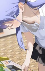 1girl accidental_exposure areola_slip bent_over black_skirt bra breasts collarbone downblouse hair_ornament hayakawa_sena_(pei_iriya) highres leaning_forward long_hair original pei_iriya petite pleated_skirt purple_hair shirt short_sleeves skirt solo t-shirt twintails underwear white_bra white_shirt