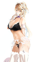 Rule 34 | 1girl, arm behind back, arm strap, arm up, black panties, blonde hair, blue eyes, bow, bra, breasts, cleavage, closed mouth, colored skin, commentary request, garter straps, hair bow, hair ornament, hairpin, keikenzumi na kimi to keiken zero na ore ga otsukiai suru hanashi., kirby, kirby (series), large breasts, looking at viewer, maid headdress, minibow, multicolored hair, multiple hairpins, nintendo, panties, pink skin, ponytail, porroll, runa shirakawa, see-through clothes, see-through skirt, simple background, skirt, solo focus, standing, streaked hair, thighhighs, underwear, white background, white thighhighs