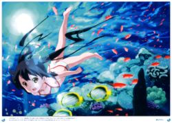 1girl absurdres air_bubble barefoot bikini black_hair breath brown_eyes bubble coral damselfish errant feet female_focus fish freediving highres holding_breath k-on! long_hair nakano_azusa open_mouth scan solo swimming swimsuit tropical_fish twintails underwater water
