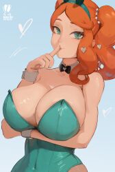 1girl animal_ear_hairband animal_ears arm_under_breasts bare_shoulders black_bow black_bowtie blue_background bow bowtie breasts cleavage covered_navel detached_collar fake_animal_ears finger_to_mouth green_eyes green_nails hair_ornament hairband heart heart_hair_ornament index_finger_raised large_breasts leotard looking_at_viewer mirai_hikari nintendo orange_hair pantyhose playboy_bunny pokemon pokemon_swsh rabbit_ear_hairband rabbit_ears shushing side_ponytail simple_background solo sonia_(pokemon) upper_body wrist_cuffs