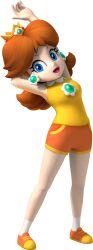 1girl 3d :d absurdres arm_behind_head arm_up armpits blue_eyes breasts brooch brown_hair collared_shirt crown earrings female_focus flower_earrings full_body gem green_gemstone hair_flaps happy head_tilt highres jewelry leaning_to_the_side legs long_hair looking_at_viewer mario_&amp;_sonic_(series) mario_&amp;_sonic_at_the_olympic_games_(2007) mario_(series) medium_breasts nintendo official_alternate_costume official_art open_mouth orange_hair orange_shoes orange_shorts outstretched_arm pocket princess_daisy shirt shoes short_shorts shorts sidelocks simple_background sleeveless sleeveless_shirt smile sneakers socks solo sportswear standing stretching tennis_daisy thighs third-party_source tongue transparent_background white_socks yellow_shirt yellow_trim