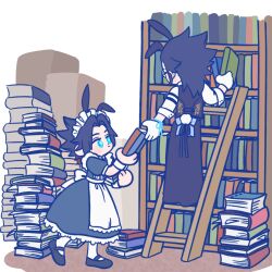 Rule 34 | 105zz, 2boys, animal ears, apron, black apron, black dress, black hair, black shoes, blue eyes, book, bookshelf, butler, commentary request, crossdressing, crossdressing (mtf), dress, dual persona, final fantasy, final fantasy vii, final fantasy vii ever crisis, full body, gloves, holding, holding book, looking at another, maid, maid apron, maid headdress, male focus, multiple boys, official alternate costume, on ladder, parted bangs, rabbit ears, rabbit tail, shoes, spiked hair, tail, waist apron, white gloves, zack fair, zack fair (bunny butler)